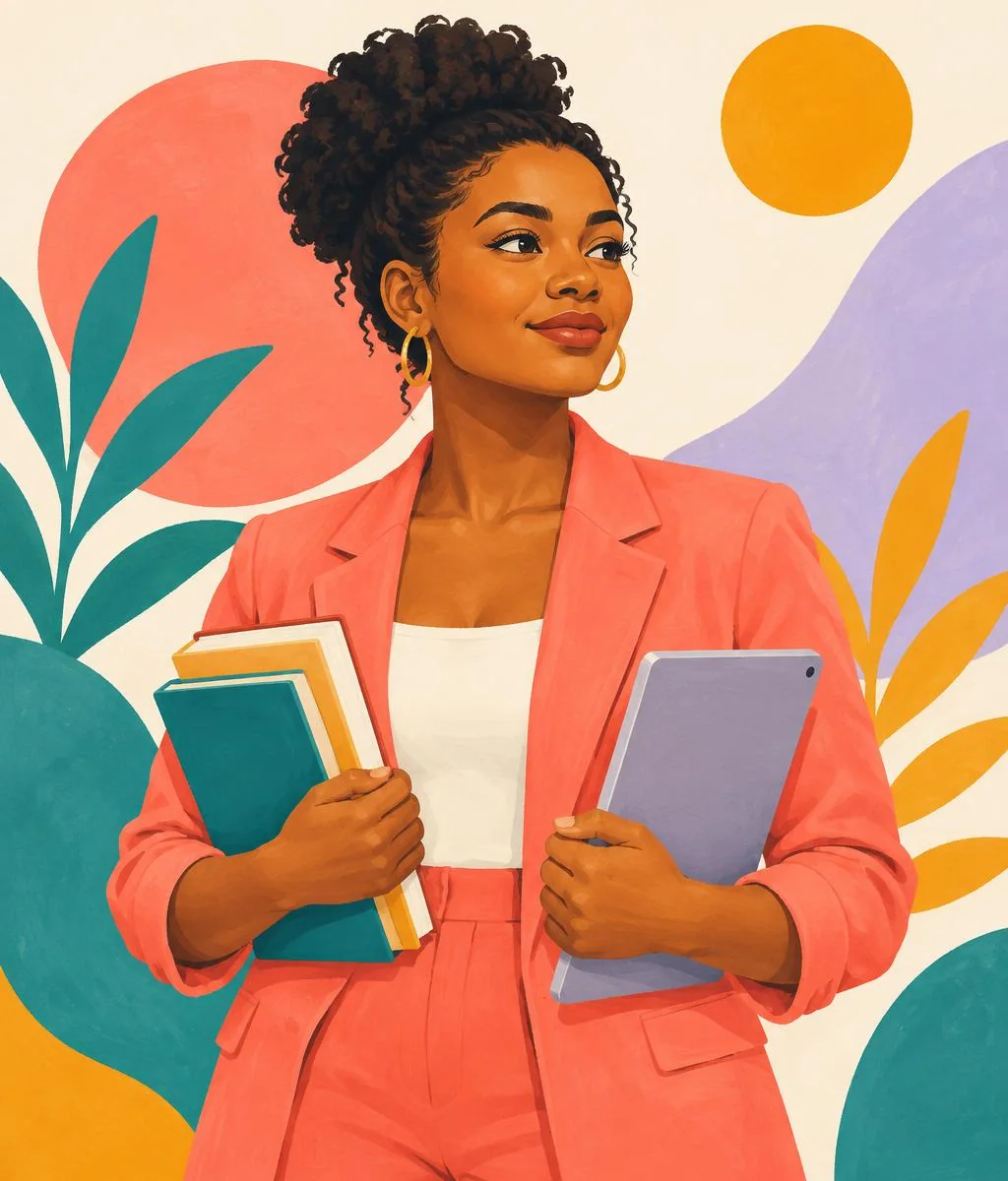 Illustration of Tamika Ford holding books and a tablet